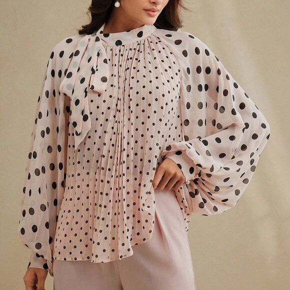 Baby Pink Elegant Women's & Polka Dot Pleated Tie Front Long Sleeve Blouse - Picture 4 of 7